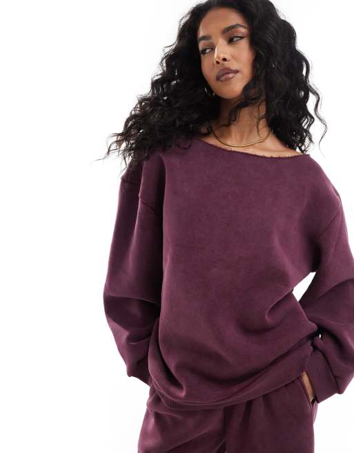 ASOS DESIGN - Felpa oversize bordeaux lavaggio acido con spalle scoperte in coordinato