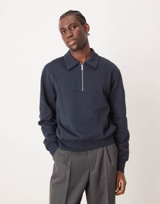 ASOS DESIGN - Felpa oversize color blu navy con zip corta e colletto a coste
