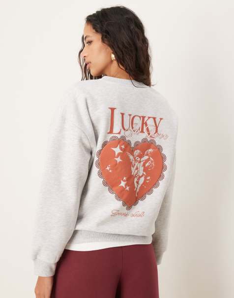 ASOS DESIGN - Felpa oversize color grigio mélange con grafica di cherubino con scritta "Lucky in Love" - view 1