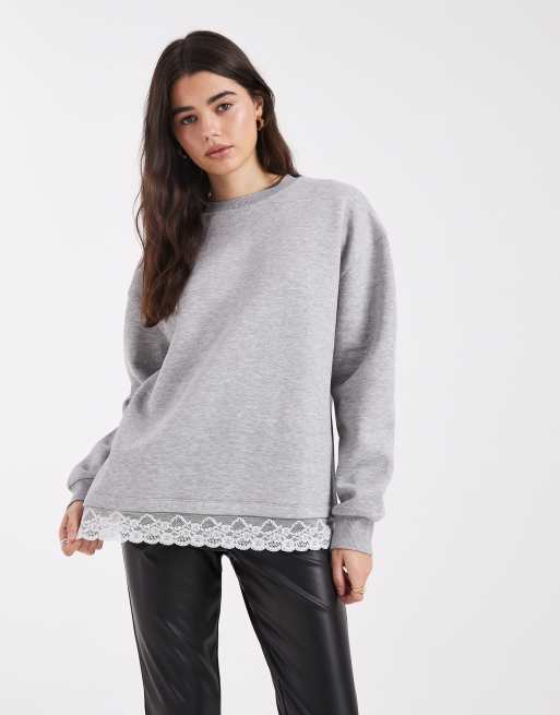 ASOS DESIGN - Felpa oversize color grigio mélange con orlo in pizzo