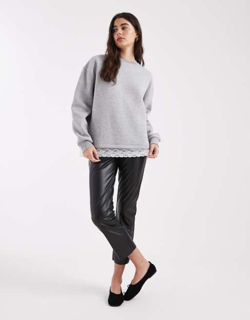 ASOS DESIGN - Felpa oversize color grigio mélange con orlo in pizzo, 2 di 4