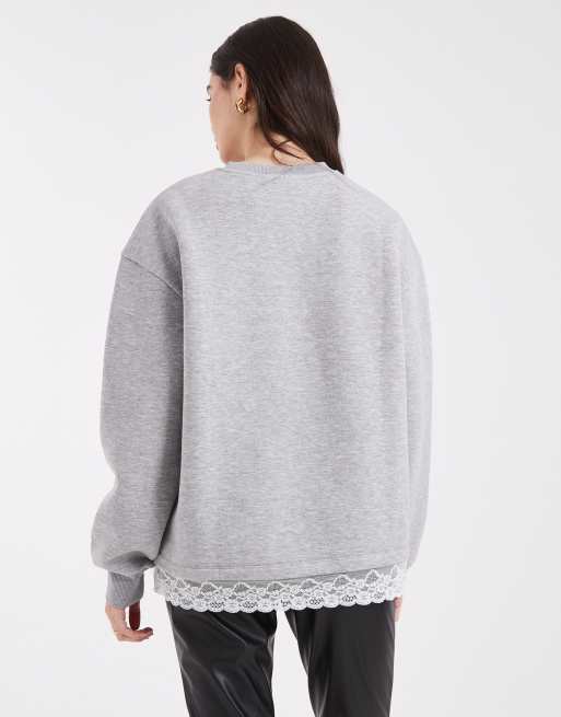 ASOS DESIGN - Felpa oversize color grigio mélange con orlo in pizzo, 3 di 4