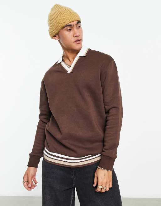 ASOS DESIGN - Felpa oversize con colletto a polo marrone con bordini