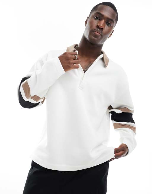 ASOS DESIGN - Felpa oversize con colletto polo stile rugby bianco sporco con dettagli a righe