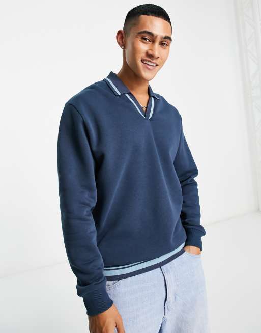 ASOS DESIGN - Felpa oversize con colletto stile polo blu navy righe a contrasto sui bordi