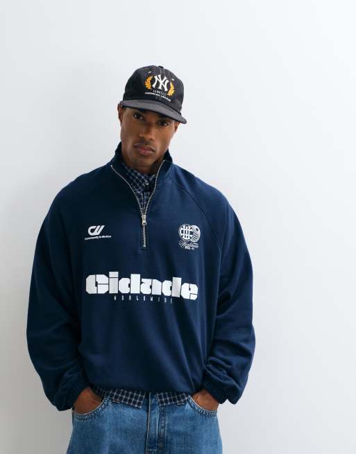 ASOS DESIGN felpa oversize con mezza zip con coulisse e patta antivento finta in navy, 4 di 5