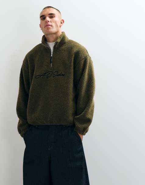 ASOS DESIGN felpa oversize con mezza zip in pile borg e ricamo verde oliva - view 1