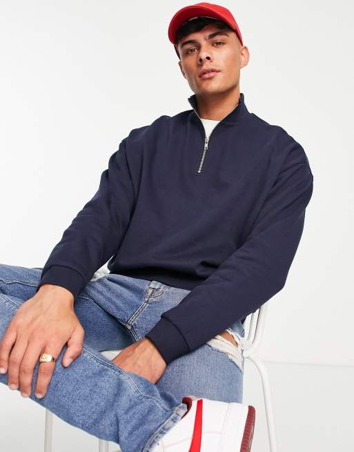ASOS DESIGN - Felpa oversize con zip corta blu navy