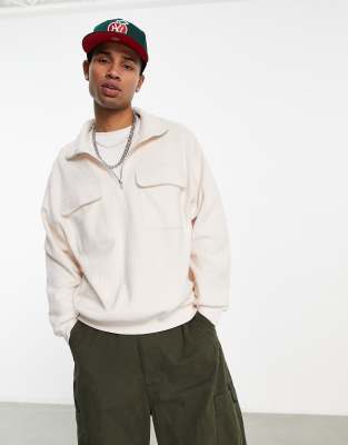 ASOS DESIGN - Felpa oversize con zip corta con colletto bianco sporco testurizzato a coste
