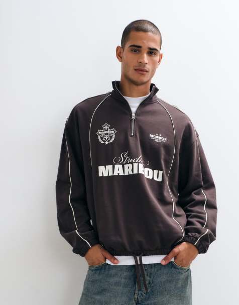 ASOS DESIGN felpa oversize con zip corta, fondo elasticizzato, profili a contrasto e stampa marrone - view 1