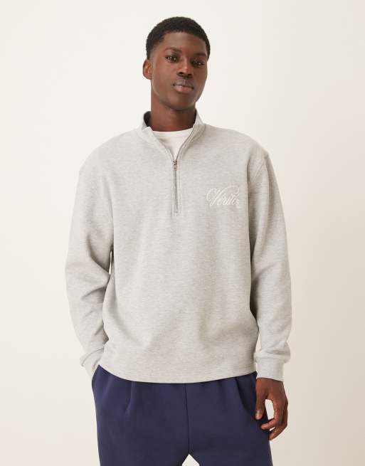 ASOS DESIGN - Felpa oversize con zip corta grigio mélange con ricamo sul petto in coordinato