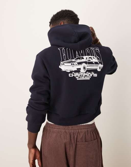 ASOS DESIGN - Felpa oversize corta blu navy con cappuccio e stampa con automobile
