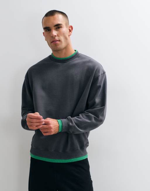 ASOS DESIGN felpa oversize girocollo in loopback con lavaggio acidato e coste effetto doppio strato in antracite, 5 di 5