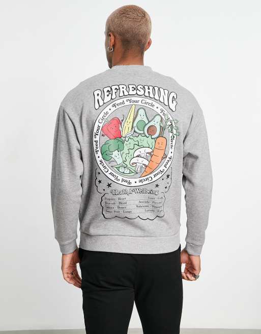 ASOS DESIGN - Felpa oversize grigia con stampa di frutta e verdura sul retro