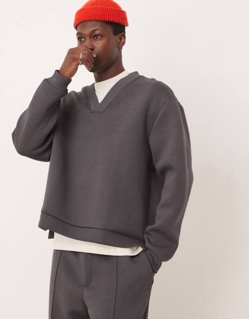 ASOS DESIGN - Felpa oversize grigia in tessuto scuba con scollo a V
