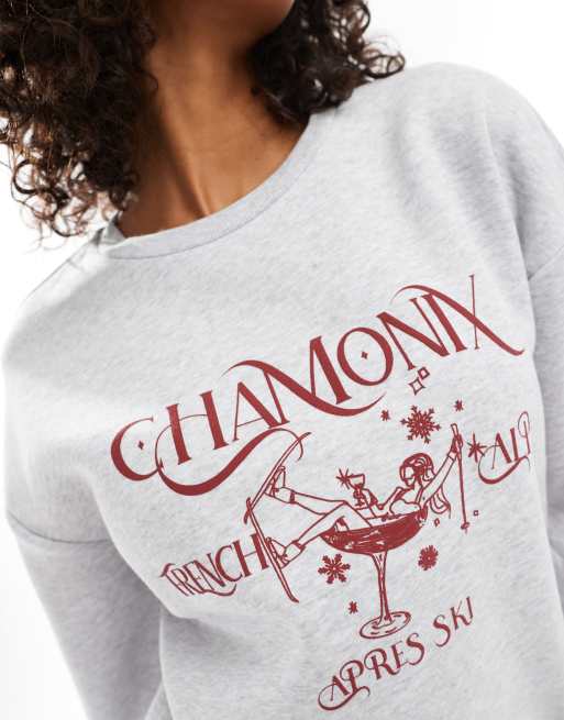 ASOS DESIGN - Felpa oversize grigia mélange con grafica "Après Ski Chamonix", 4 di 4