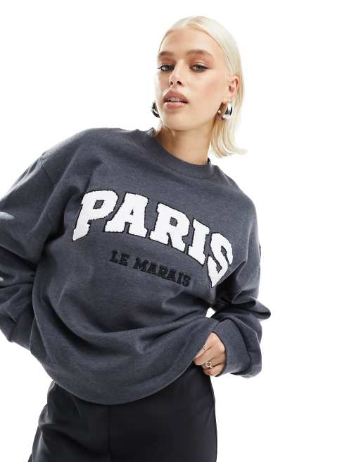 ASOS DESIGN - Felpa oversize grigio antracite mélange con grafica "Paris", 4 di 4