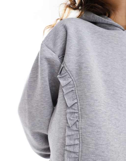 ASOS DESIGN - Felpa oversize grigio mélange con cappuccio e volant, 4 di 4