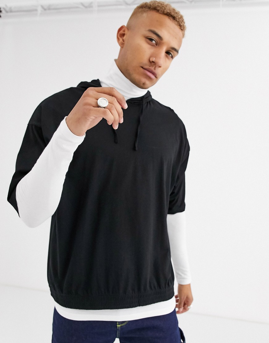 ASOS DESIGN - Felpa oversize in jersey leggero a mezze maniche con cappuccio e fondo elasticizzato nera-Nero