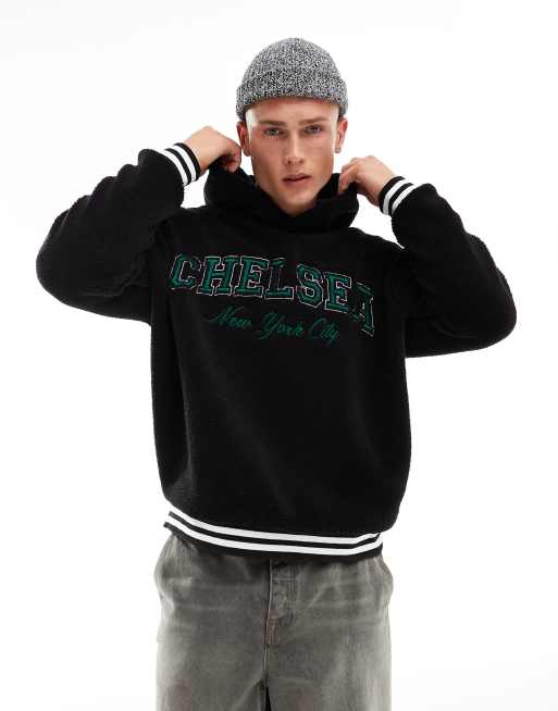 ASOS DESIGN - Felpa oversize in pile borg nera con cappuccio e stampa di città
