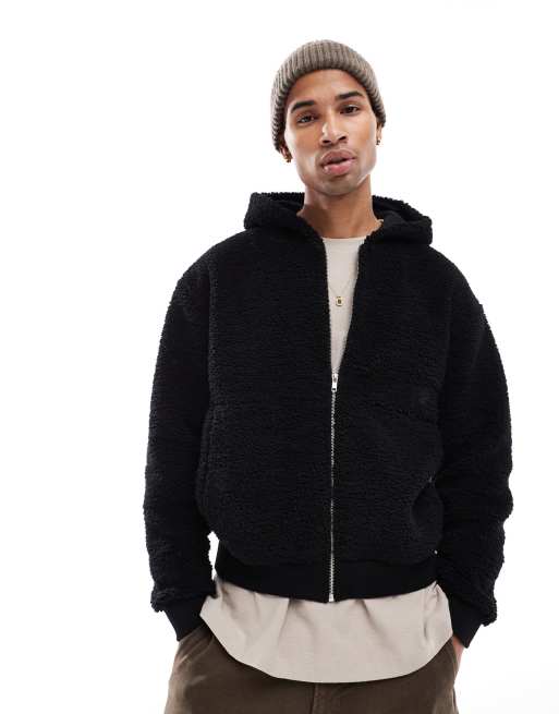 ASOS DESIGN - Felpa oversize in pile borg nera con ricamo, chiusura con zip e cappuccio