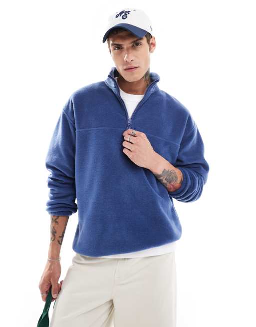ASOS DESIGN - Felpa oversize in pile con zip corta blu scuro