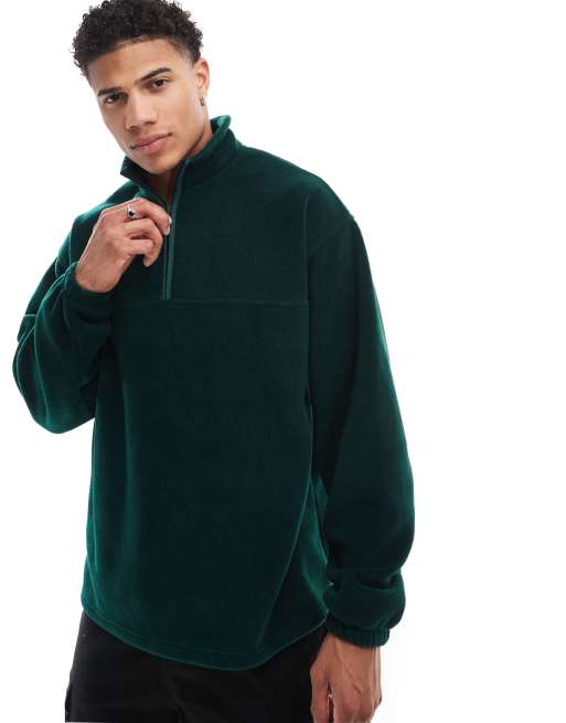 ASOS DESIGN - Felpa oversize in pile con zip corta verde scuro