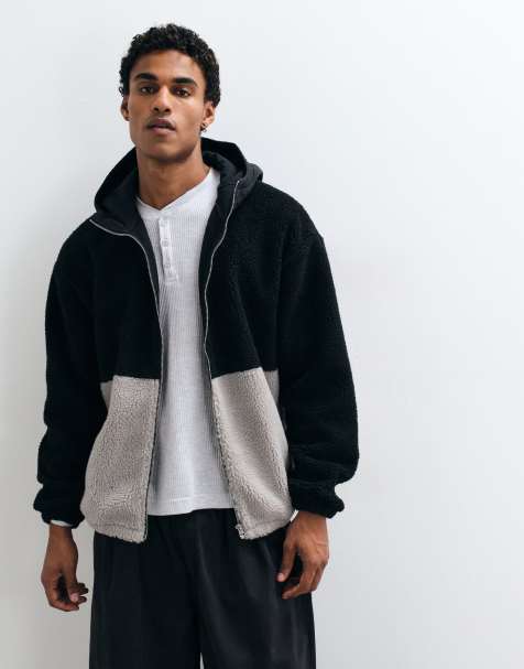 ASOS DESIGN felpa oversize in pile con zip e cappuccio con pannelli tagliati e cuciti nera - view 1