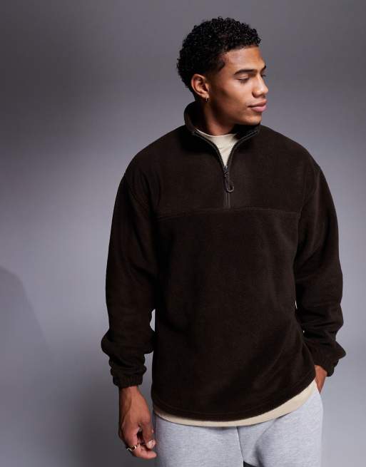 ASOS DESIGN - Felpa oversize in pile marrone con zip corta