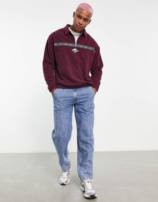 ASOS DESIGN - Felpa oversize in pile polare bordeaux con zip corta e fettuccia, 3 di 4