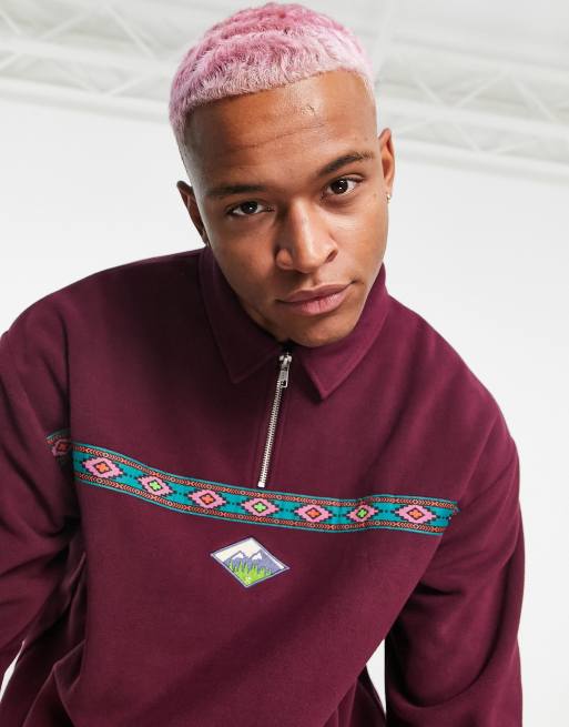 ASOS DESIGN - Felpa oversize in pile polare bordeaux con zip corta e fettuccia, 4 di 4