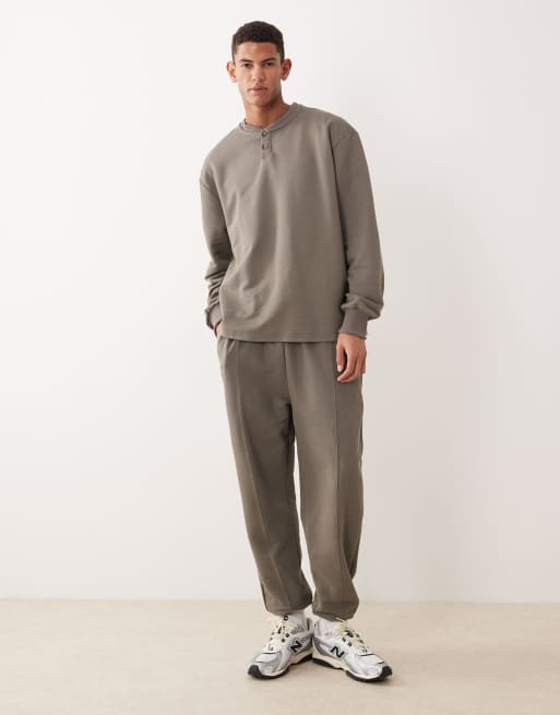 ASOS DESIGN - Felpa oversize in piqué kaki con scollo serafino in coordinato, 2 di 5