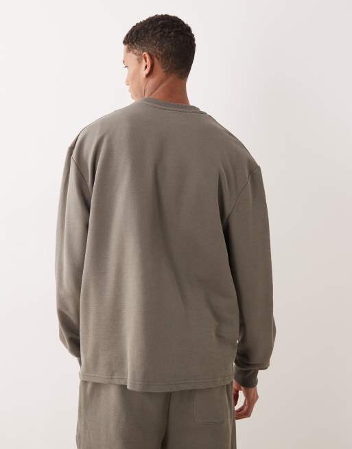 ASOS DESIGN - Felpa oversize in piqué kaki con scollo serafino in coordinato, 3 di 5