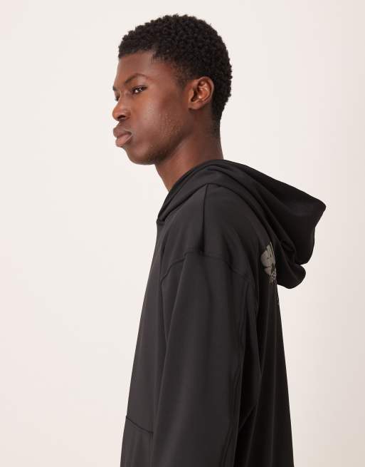 ASOS DESIGN - Felpa oversize in tessuto effetto scuba nera con cappuccio e scritta stampata, 4 di 5