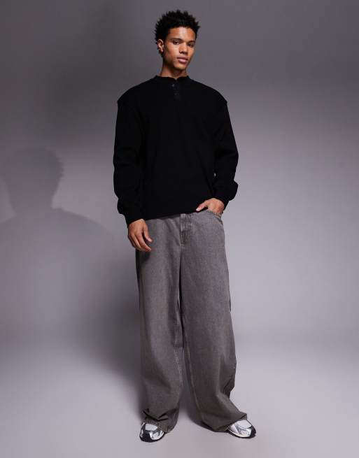 ASOS DESIGN - Felpa oversize in tessuto pesante a coste nera con collo serafino, 2 di 5
