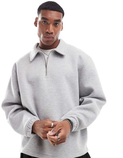 ASOS DESIGN - Felpa oversize in tessuto scuba con zip corta grigio mélange