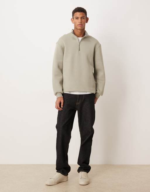 ASOS DESIGN - Felpa oversize kaki con zip corta e quadri all'interno, 2 di 5