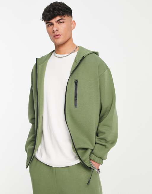 ASOS DESIGN - Felpa oversize kaki con zip sportiva in coordinato