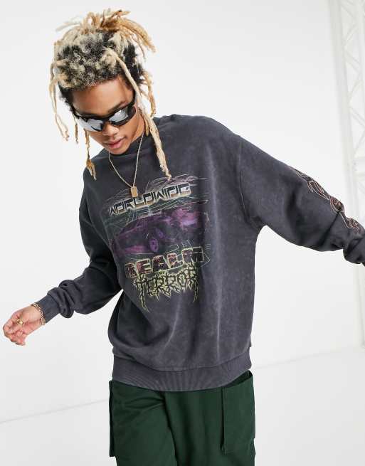 ASOS DESIGN - Felpa oversize lavaggio acido grigio con stampa di automobile