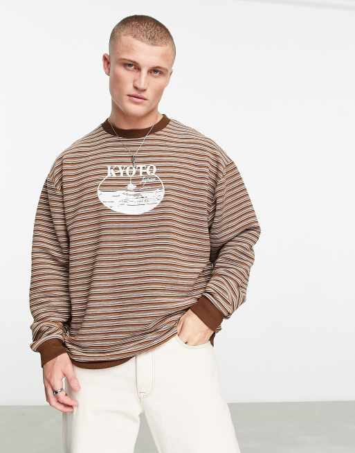 ASOS DESIGN - Felpa oversize marrone a righe testurizzata con stampa 