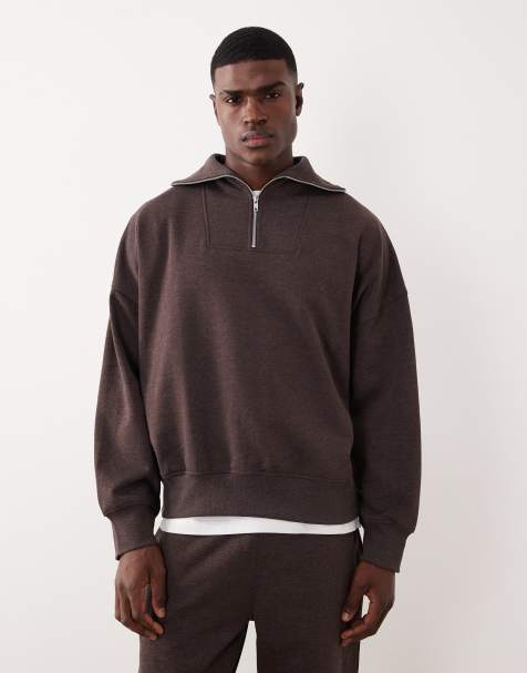 ASOS DESIGN - Felpa oversize marrone mélange con spalle scivolate, zip corta e colletto - view 1