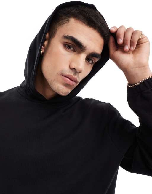 ASOS DESIGN - Felpa oversize nera con cappuccio e fascia sul fondo, 3 di 4