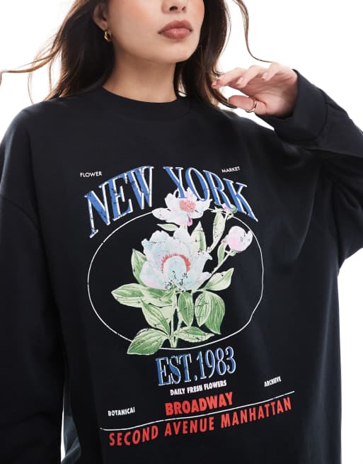 ASOS DESIGN - Felpa oversize nera con stampa "New York" e di fiori, 3 di 4