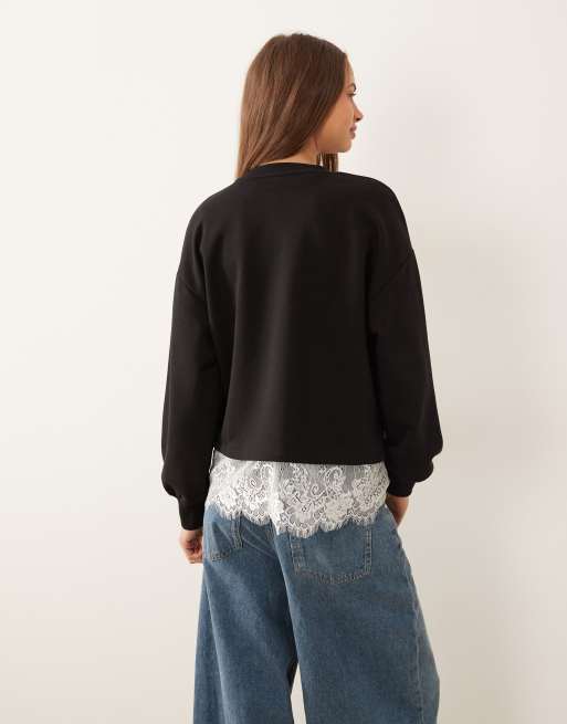 ASOS DESIGN - Felpa oversize nera con strato inferiore con orlo in pizzo, 3 di 4