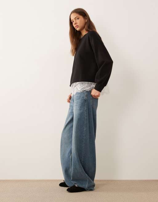 ASOS DESIGN - Felpa oversize nera con strato inferiore con orlo in pizzo, 4 di 4
