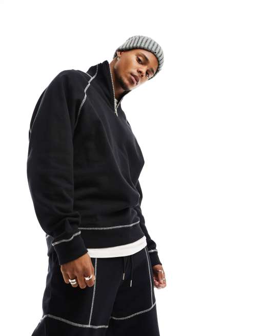 ASOS DESIGN - Felpa oversize nera con zip corta e cuciture a contrasto