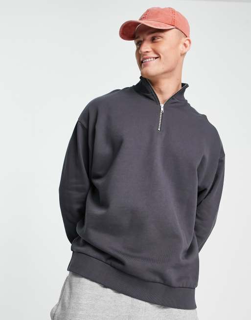 ASOS DESIGN - Felpa oversize nera con zip corta nero slavato