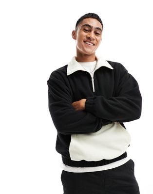 ASOS DESIGN oversized funnel neck half zip polar fleece sweatshirt in black with contrast pocket - ASOS Price Checker