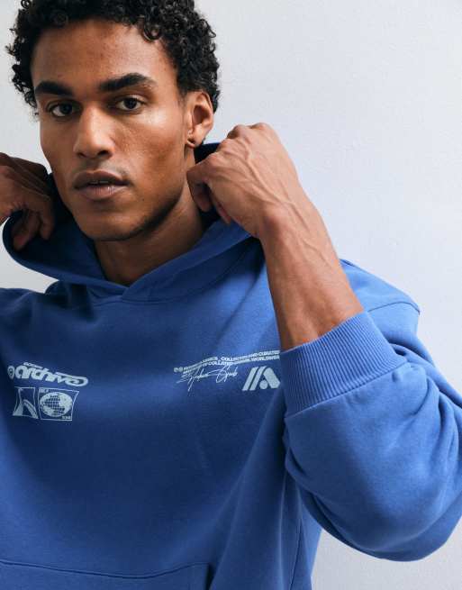 ASOS DESIGN felpa oversize squadrata con cappuccio e stampa pigmentata blu in misto cotone e poliestere, 3 di 5