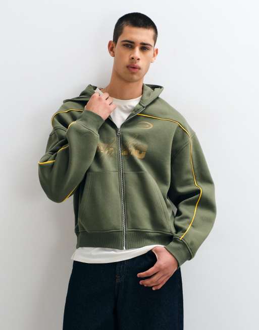 ASOS DESIGN - Felpa oversize squadrata con cappuccio e zip colore verde con profili e stampa, 1 di 10